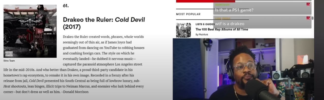 a cropped screenshot of the open mike eagle livestream where he discusses the pitchfork top 100 rap albums list, at the moment that the events described above occurred